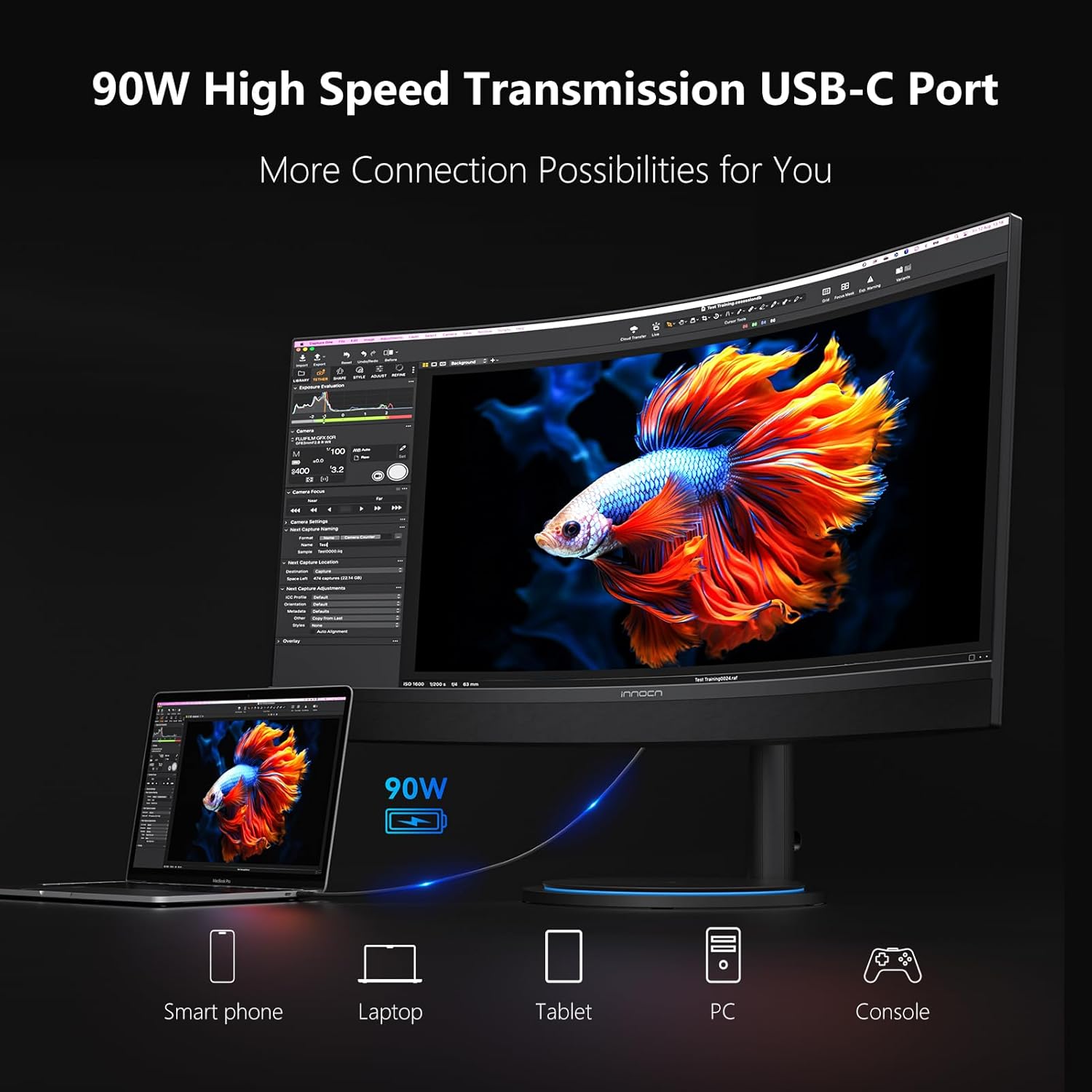 INNOCN 34" USB Type C Curved Ultrawide Gaming Monitor 3440 x 1440p 165Hz PC Computer Monitor Gamer, HDMI, DP, Built-in 2.1 Stereo Speakers, Charger Pad, Black, 34G1R