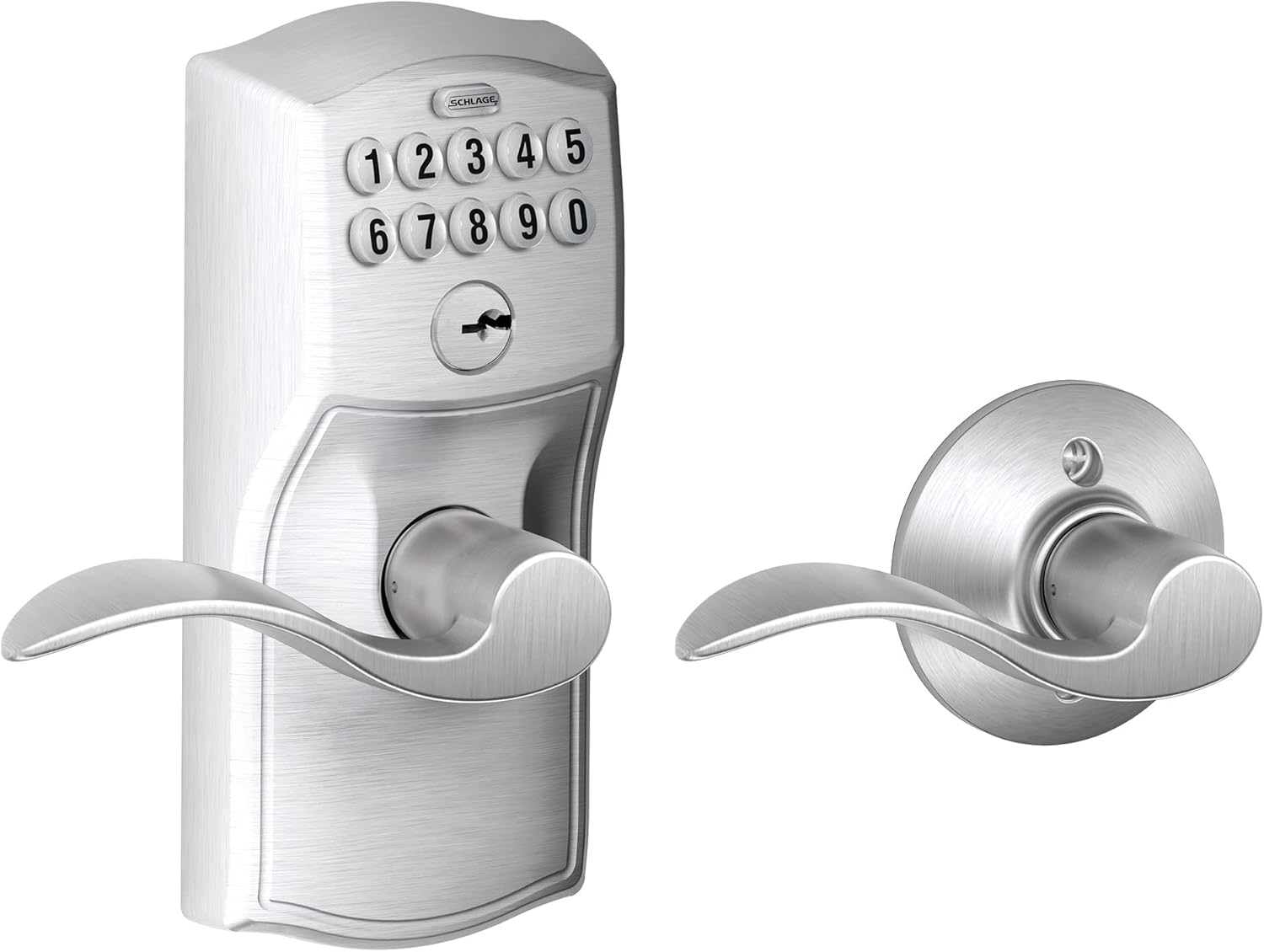 SCHLAGE FE595 CAM 619 GEO Camelot Keypad Entry with Flex-Lock and Georgian Style Knobs, Satin Nickel