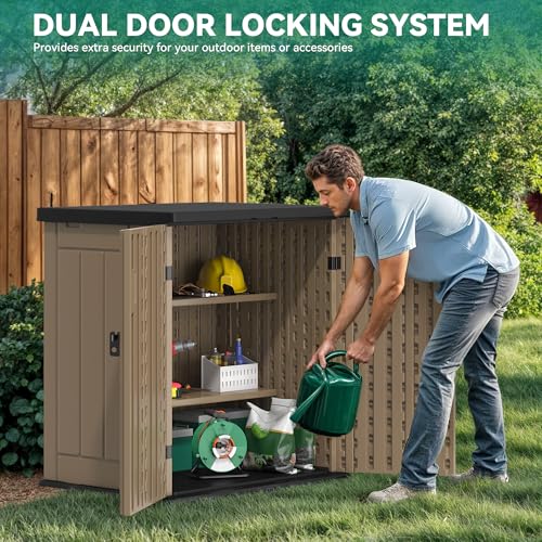YITAHOME Outdoor Storage Cabinet with 2 Shelves, Waterproof Resin Horizontal Tool Shed, Lockable 15 cu. ft. Storage Shed for Patio, Garden, Yard, Dark Gray