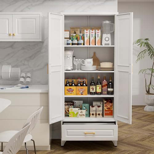 71" Tall Metal Storage Cabinet, Kitchen Pantry Storage Cabinets with Doors and 4 Shelves, White Pantry Cabinet, Utility Kitchen Cupboard, Large Steel Cabinets for Dining Room, Office, Living Room
