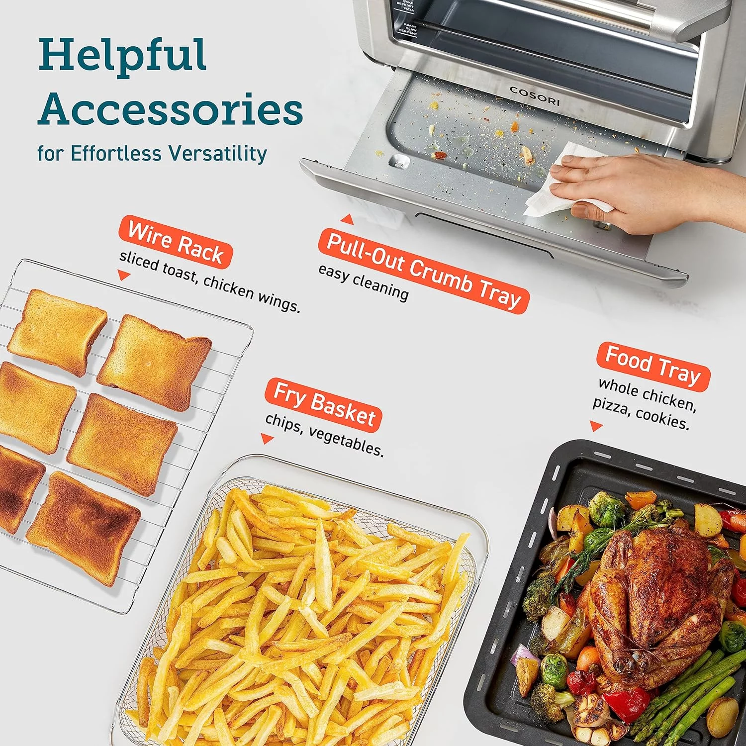 COSORI Smart 12-in-1 Air Fryer Toaster Oven Combo Convection Rotisserie & Dehydrator for Chicken, Pizza and Cookies, Recipe&Accessories Included, 30L, Silver – A Certified for Humans Device