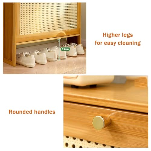Shoe Storage Shoe Storage Rack 3 Layers Nature Bamboo Shoe Cabinets Hallway Slim Freestanding Shoe Cupboard Organiser with Rattan Pull Down Doors