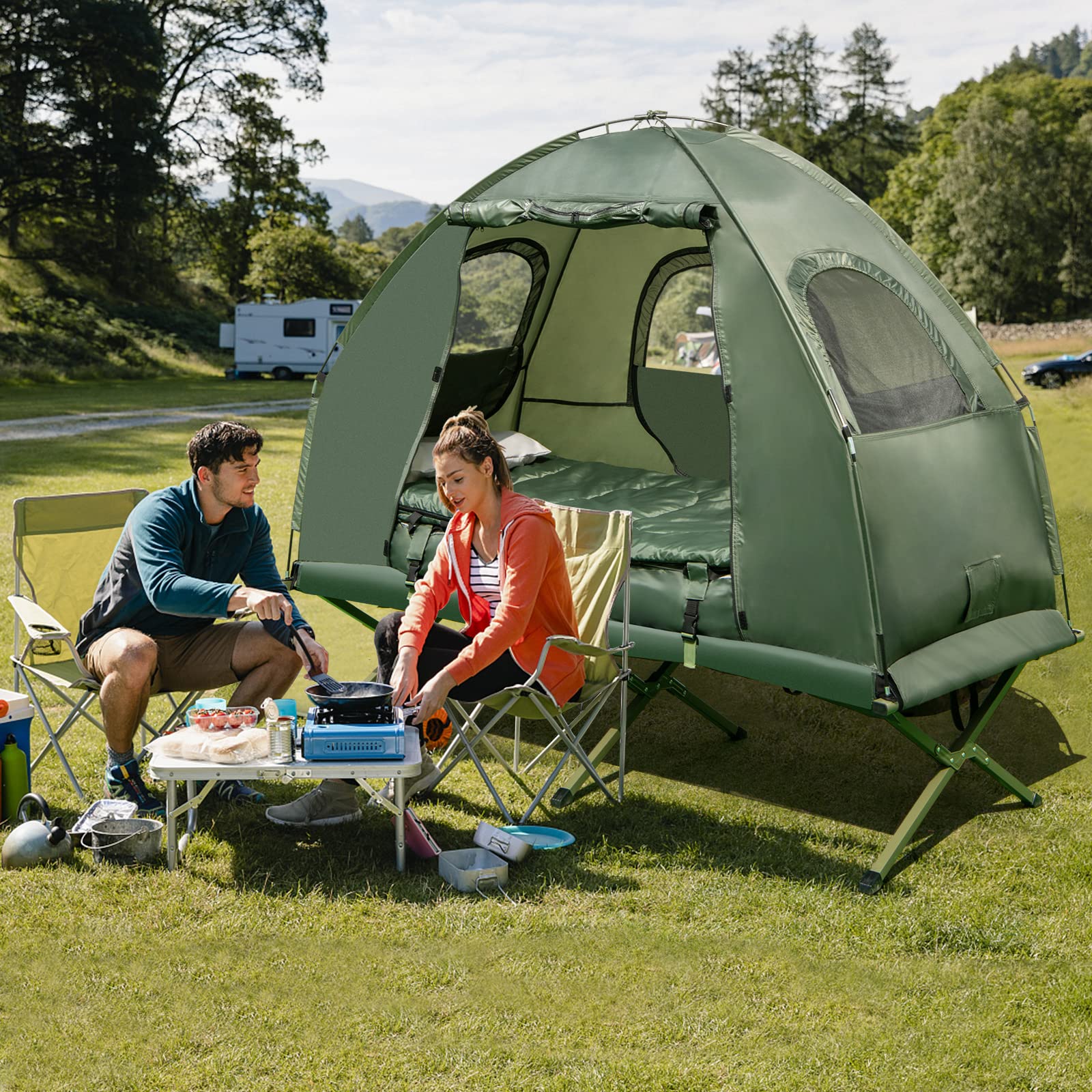1-Person 5-in-1 Tent Cot, Camping Cot Tent with Air Mattress, Sleeping Bag, Camping Cot, Awning & Air Pillow, Carrying Bag, Off The Ground Tent, Elevated Tent Cot for Camping Hiking Picnic Travel