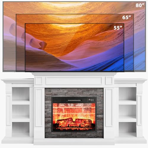 LGHM 70" Electric Fireplace with Mantel, Fireplace TV Stand for TVs Up to 80 Inch, Modern Entertainment Center with Storage, Realistic Stacked Stone Surround with Remote Control for Living Room