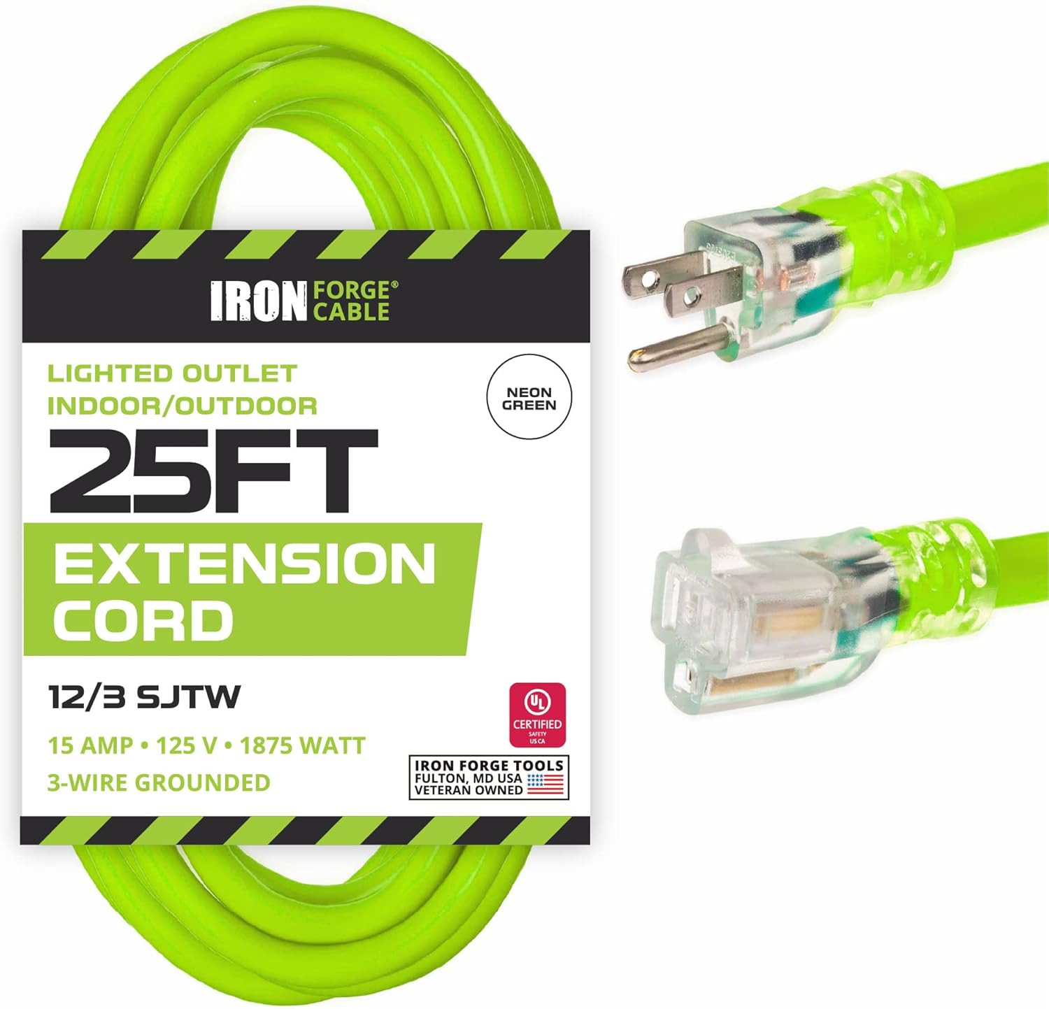 100 Ft Lighted Outdoor Extension Cord - 12/3 SJTW Heavy Duty Yellow Extension Cable with 3 Prong Grounded Plug for Safety - Great for Garden & Major Appliances