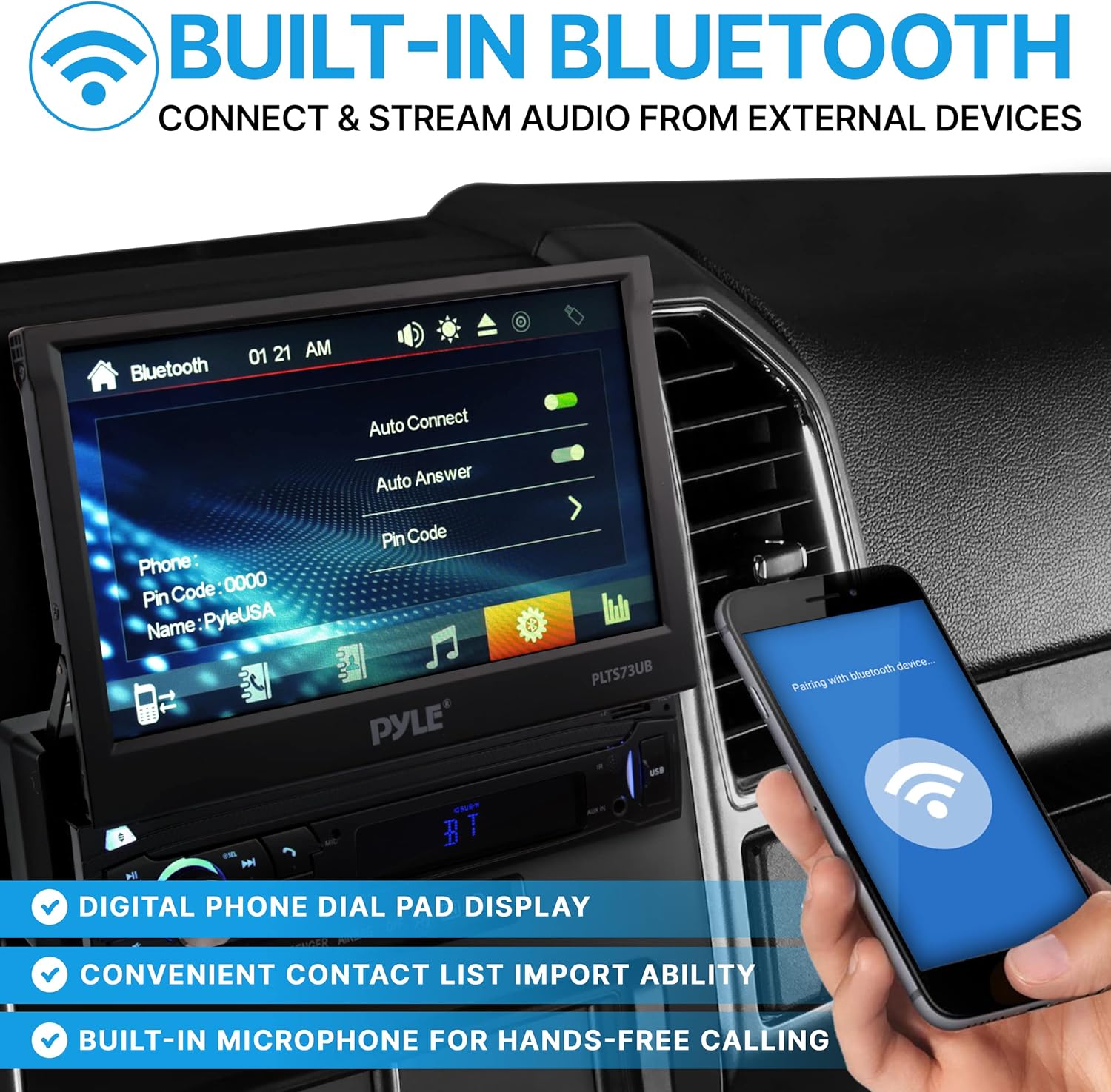 Pyle Car Stereo Video Receiver - Multimedia Player, BT Wireless Streaming, Hands-Free Talking, Motorized Fold-Out 7" Touchscreen Display, MP4/MP3/USB/SD/AM/FM Radio, Single DIN - PLTS73UB.5