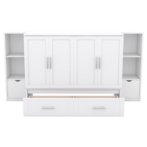 Full Size Murphy Wall Bed With Storage and Bookcase Headboard, Solid Wood Cabinets With Shelves, Drawers and USB Ports, Multi-Function Platform for Home Office, Guest Room - White