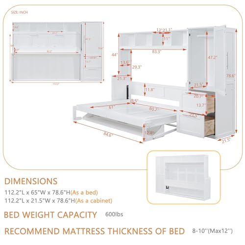 Linique Full Size Murphy Cabinet Storage Wall Bed with Closet and Drawers and Built-in Top Shelf,Hide a Bed on a Wardrobe Space Saving Design,Gray