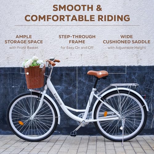 Viribus Beach Cruiser Bike for Women, Womens Bike 24 26 inch, Cruiser Bike with Basket 1 Speed, Bicycle Bike for Short Women, Step Through Bike, Commuting Bike, Adult Bicycles for Women