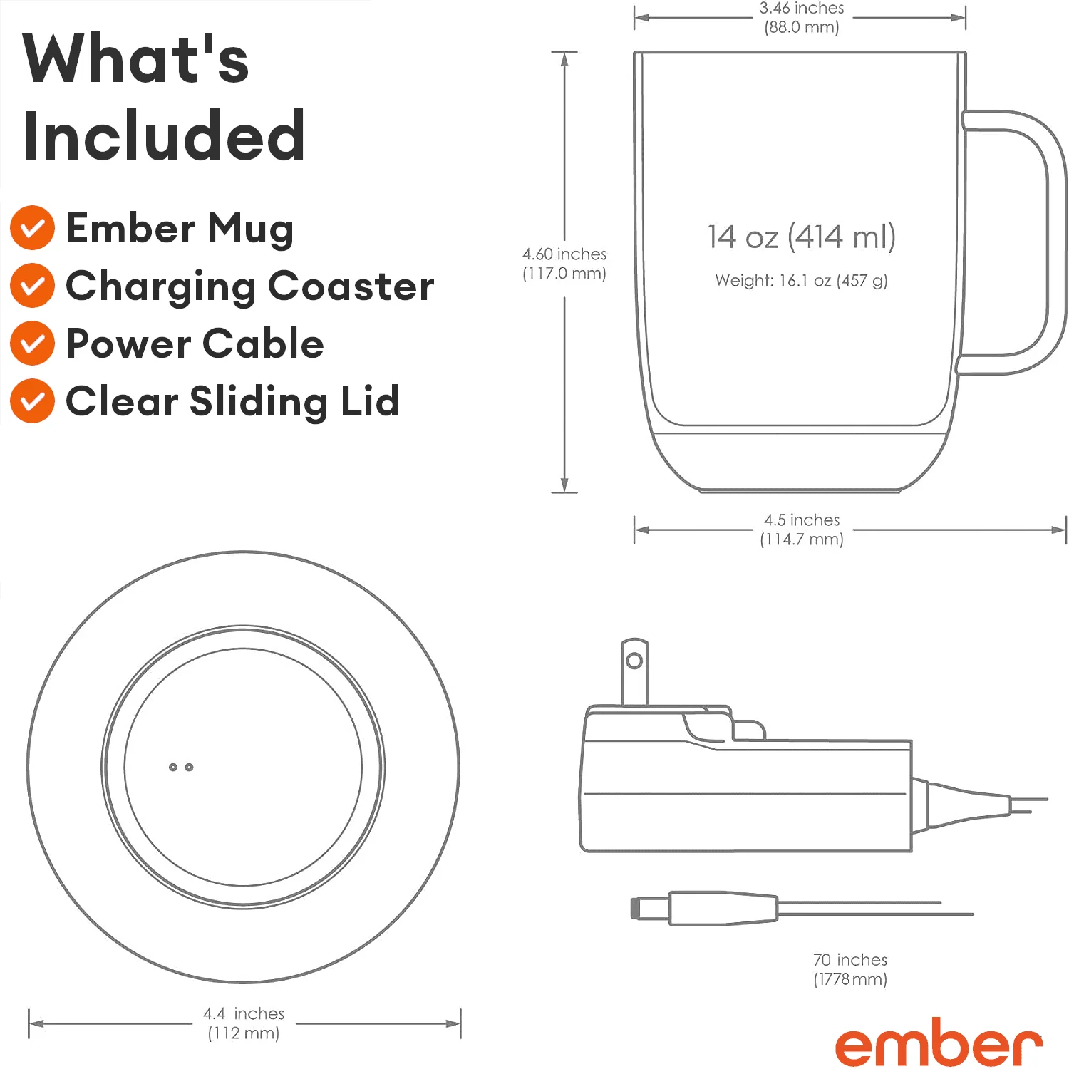Ember Temperature Control Smart Mug 2, 14 oz, Grey, 80 min Battery Life | App Controlled Heated Coffee Mug | Improved Design with Clear Splash-Proof Sliding Lid