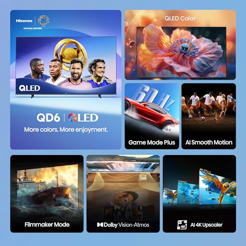 Hisense 85" Class QD6 Series (85QD6QF, 2025 Model) QLED 4K UHD Smart Fire TV, Voice Remote with Alexa, Dolby Vision, Dolby Atmos, Motion Rate 120, HDR 10+, Game Mode Plus, MEMC, VRR, ALLM