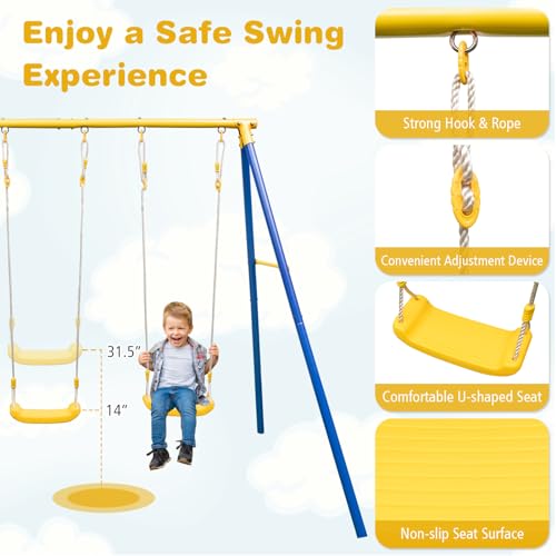 Costzon 440 lbs Swing Sets for Backyard, 3-in-1 Heavy Duty Extra Large Metal Swing Frame w/A-Shaped Stand, Swing, Glider, Gym Rings, Play Equipment for Indoor Outdoor Gifts Kids Toddlers
