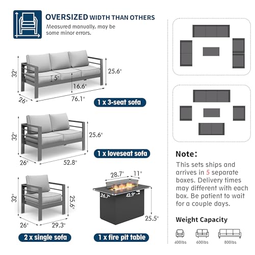 UDPATIO 8 Piece Aluminum Patio Furniture Set, Oversized Modern Outdoor Furniture Set with Olefin Fabric Cushion for Patio Deck Backyard, Dark Grey(with Waterproof Covers)