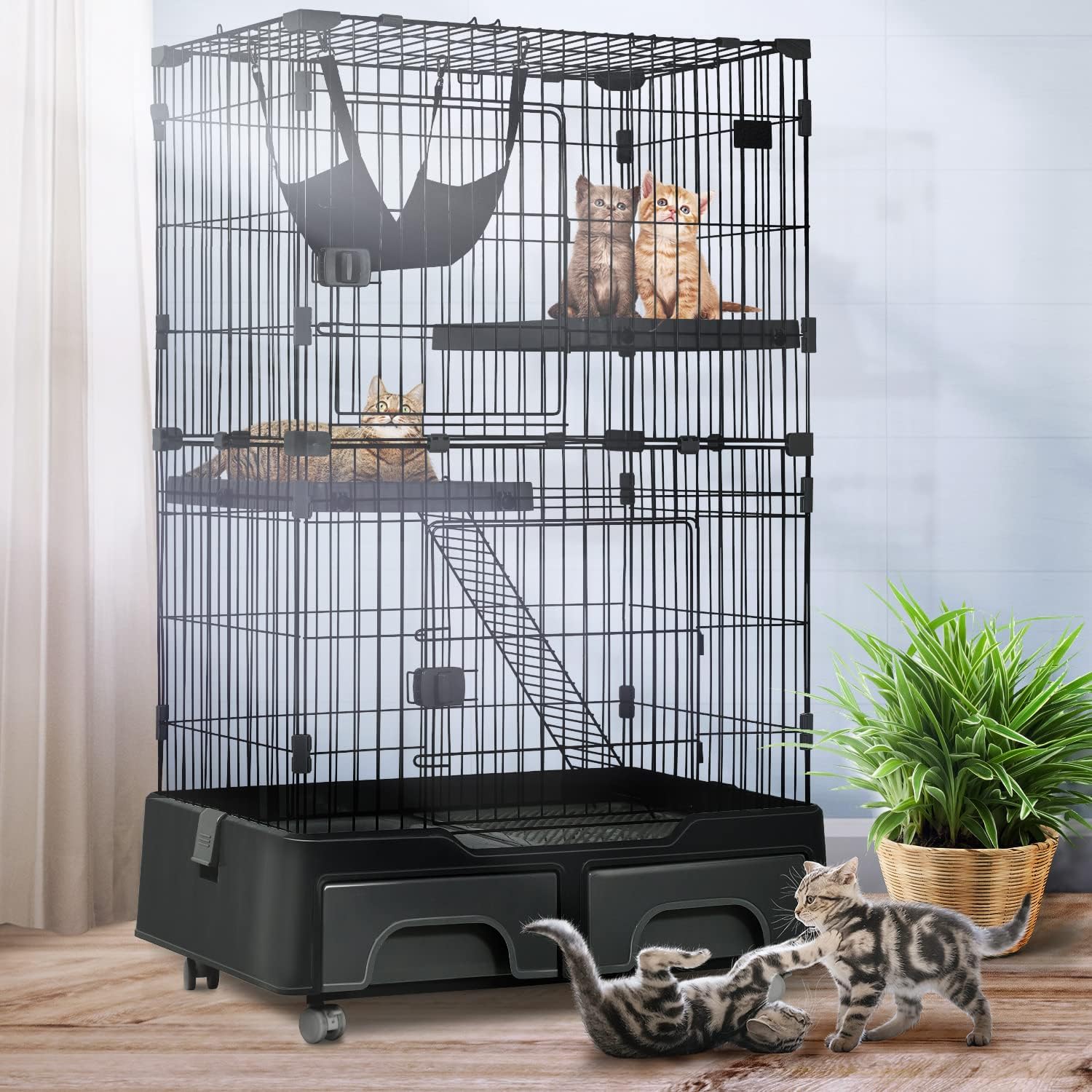 52 Inch Cat Cage Large Metal Wire Crate Cat Kennel Playpen with Litter Box & 2 Front Door & Ramp Ladders & 2 Resting Platforms Beds Tray Cage for Indoor