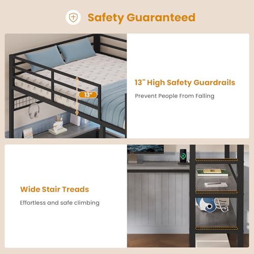 ADORNEVE Loft Bed Full Size with U-Shaped Desk, 6 Storage Drawers, Power Outlet, LED Metal Loft Bed with 2 Storage Shelves, Bed with Safety Guardrail & Ladders, No Box Spring Needed, Rustic Brown