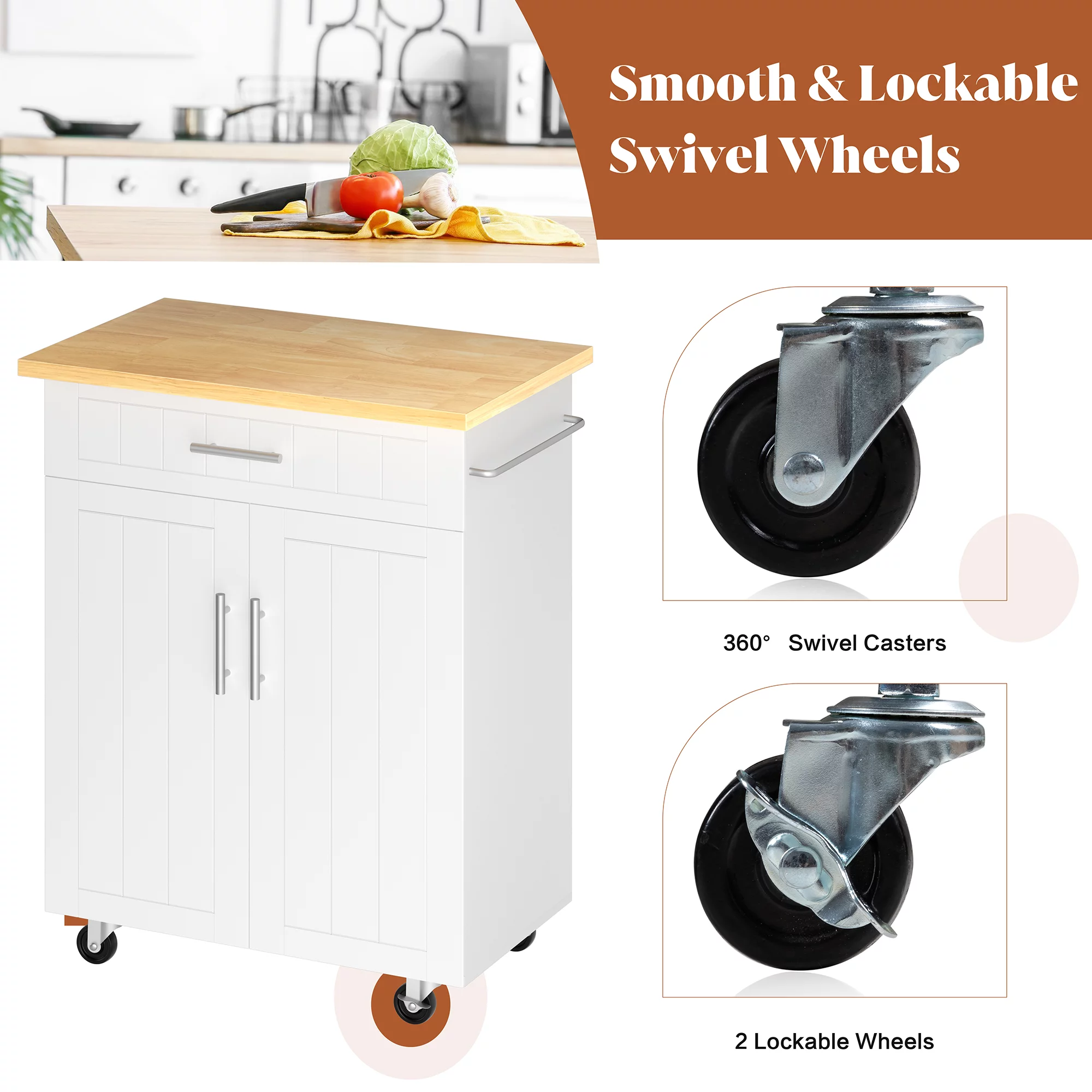 Walsunny Kitchen Island on Wheels with Storage, Kitchen Cart with Drawer and Countertop, 2 Doors Storage Cabinet for Dining Room Living Room, White
