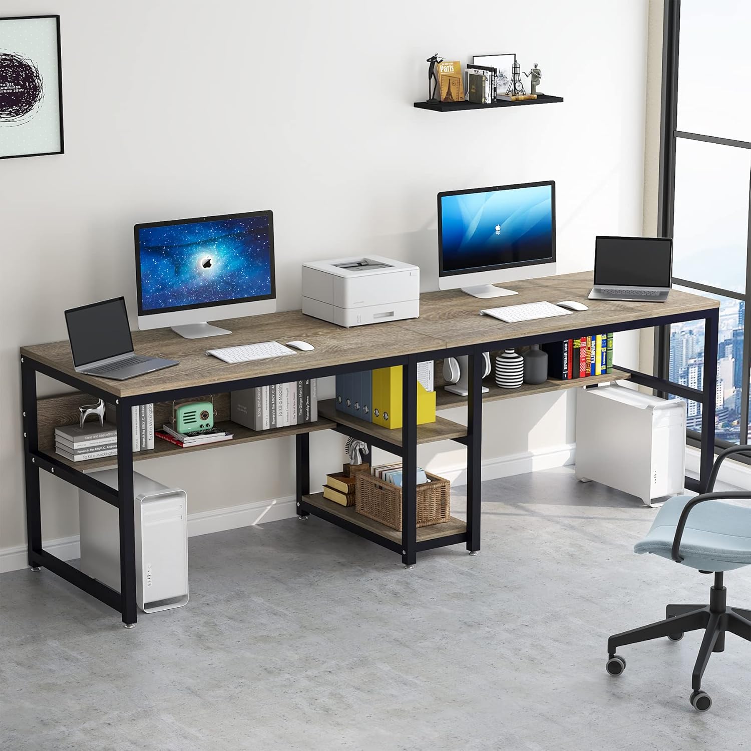 78.7" Two Person Desk with Bookshelf, Large Computer Office Double Desk for Two Person, Industrial Study Writing Table Workstation with Shelves for Home Office