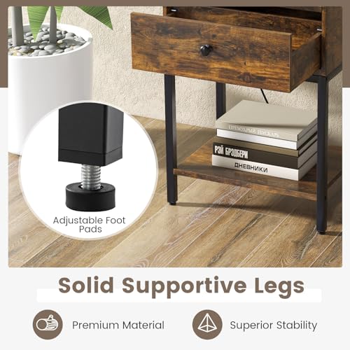 GOFLAME Nightstand with Charging Station, Narrow Bedside Table with Drawer, Open Shelf, 2 USB Ports, 2 AC Outlets, Side End Table with Metal Frame for Small Space, Living Room, Bedroom