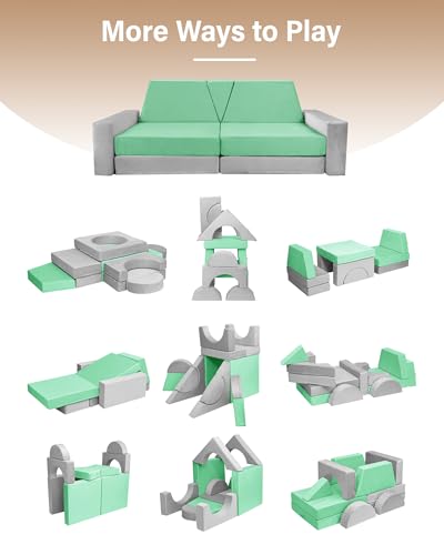 YEFU 15pcs Modular Kids Play Couch Convertible Foam, Toddler Couch Play Set for Creative Play, Kids Modular Couch Sofa for Playroom, Bedroom, Gray