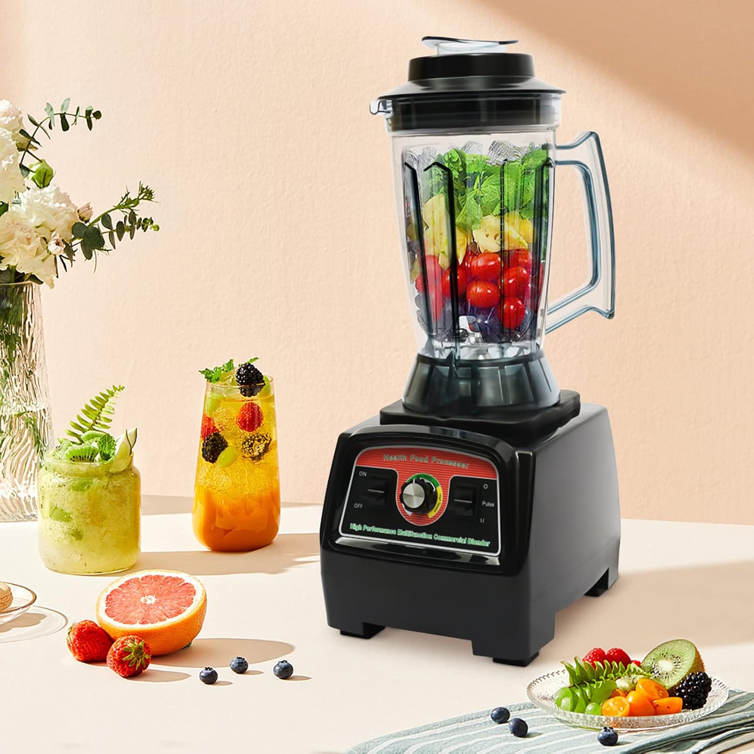 1.03Gal Commercial Grade Home Blender, Heavy Duty High Power Fruit High-Speed Professional Stainless Countertop Food Processor Mixer with Mixing Stick for Home Kitchen Restarunt Store