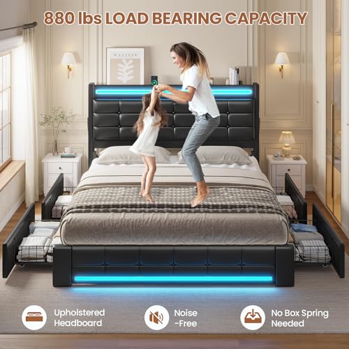 ADORNEVE Queen Bed Frame with Storage Headboard & 4 Drawers, LED Bed Frame Queen with Charging Station, Leather Upholstered Platform Bed Frame with Button Tufted, No Box Spring Needed, Black PU