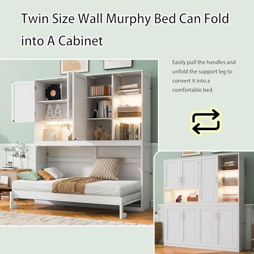 MERITLINE Twin Horizontal Murphy Bed with Storage Cabinet, LED Light and Charging Station,Wood Folding Murphy Wall Bed Cabinet with Bookcase and Shelves for Adult (White)