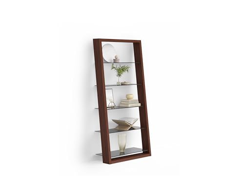BDI Furniture Eileen 5166-74" x 34.25'' Leaning Shelf for Living Room, Family Room or Office with 5 Polished Tempered Glass Shelves, Charcoal Stained Ash
