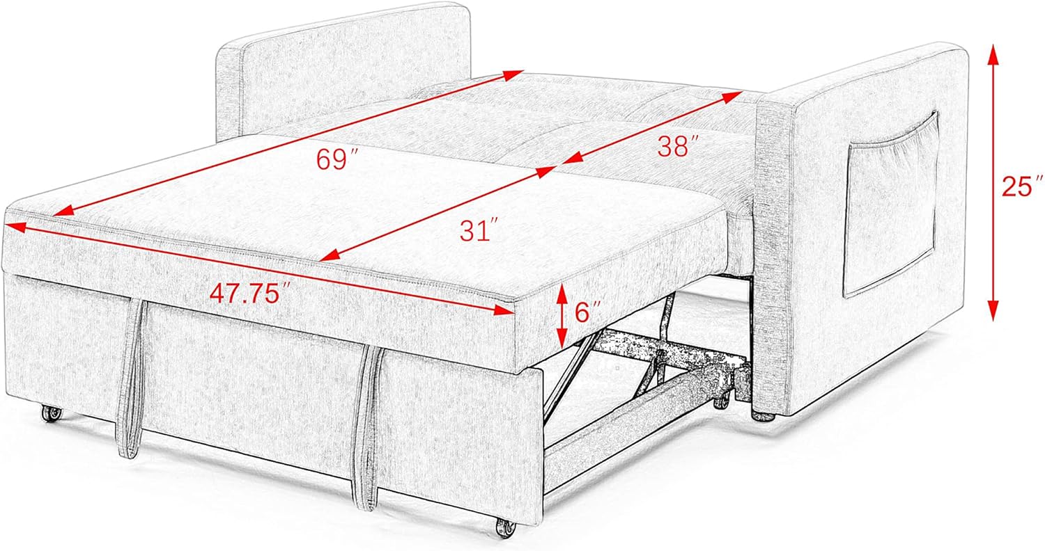 3 in 1 Convertible Sleeper Bed, Modern Loveseat Sofa & Pull Out Futon Couch, Small Love Seat Lounge Chaise w/Reclining Backrest, 2 Pockets, Furniture for Living Room, Beige Velvet 54.5"