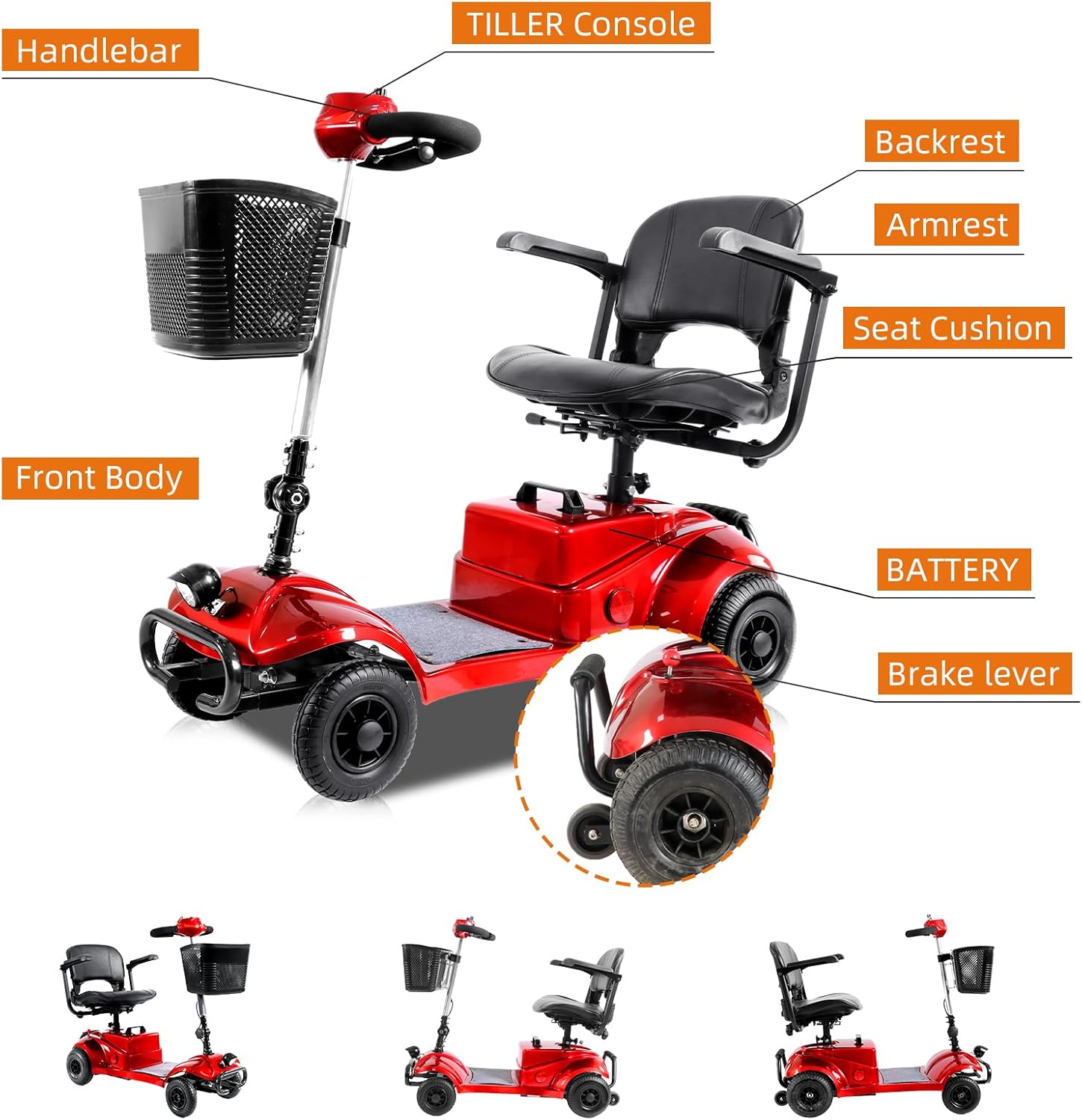 4 Wheel Mobility Scooter | Foldable and Portable Electric Scooter with Basket and Light | Compact Mobility Device Perfect for Adults, Elderly, and Travel, Red