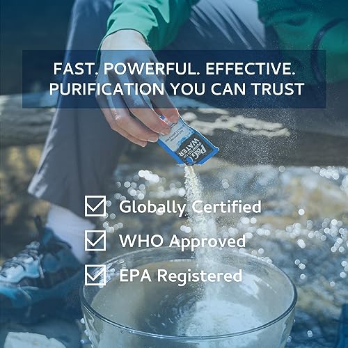 P&G Purifier of Water Portable Water Purifier Packets. Emergency Water Filter Purification Powder Packs for Camping, Hiking, Backpacking, Hunting, and Traveling.