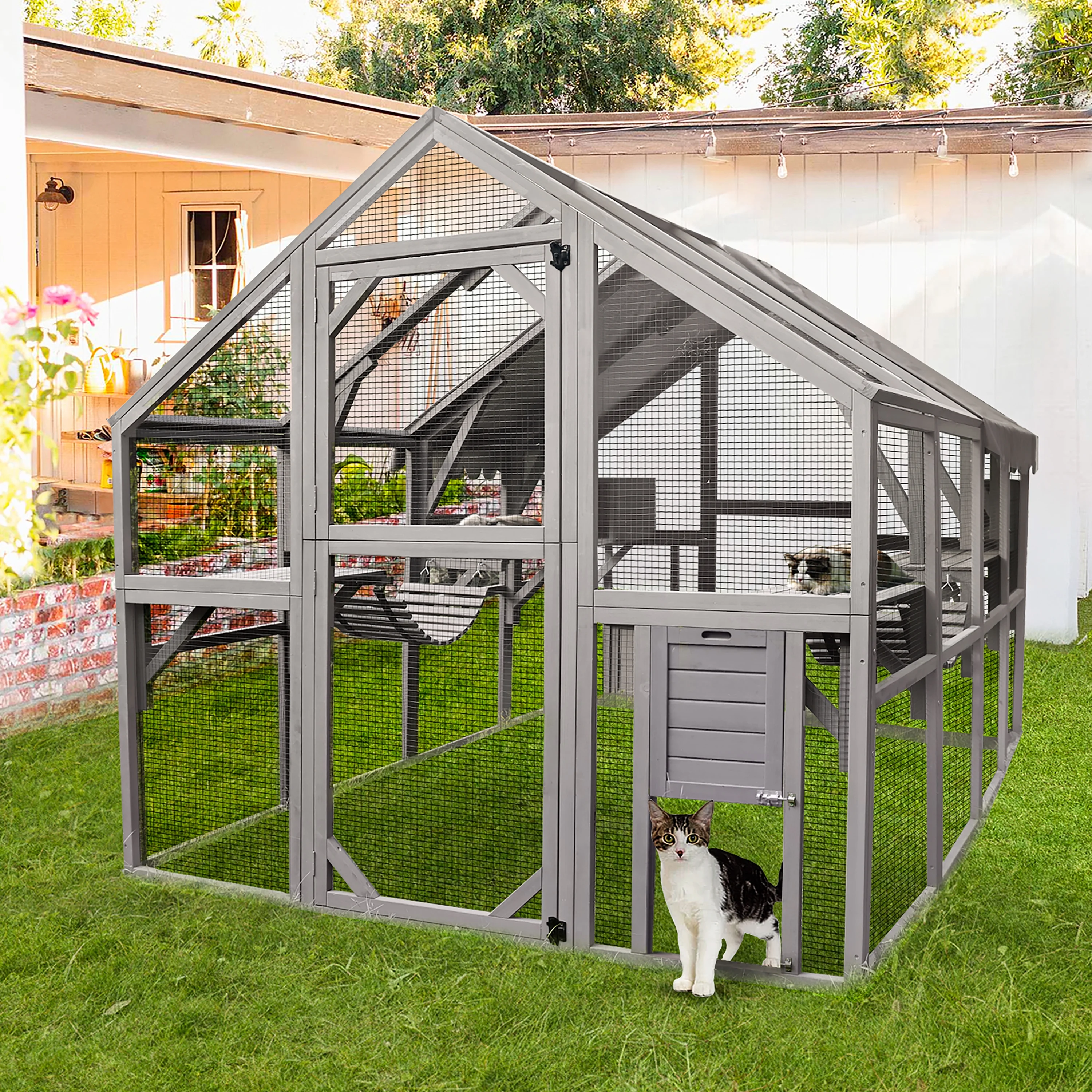 Morgete 110'' Extra Large Cat House Outdoor Walk-in Enclosure Wooden Catio Cage with Bridges, Platforms, Rest Rooms, Roof Cover