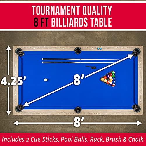 GoSports 8 ft Pool Table with Wood Finish - Modern Billiards Table with 2 Cue Sticks, Balls, Rack, Felt Brush and Chalk - Choose Your Style