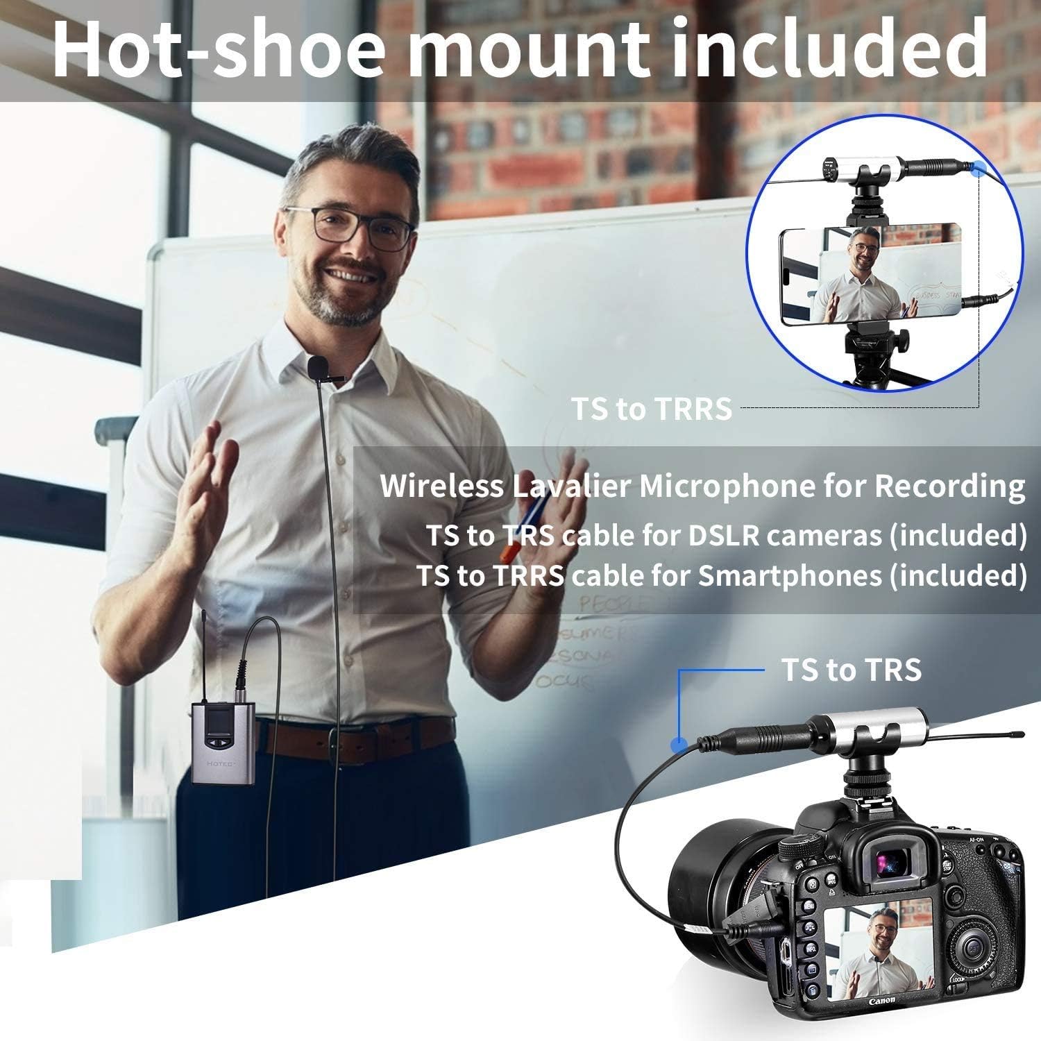 HOTEC Wireless Dual Headset Microphones/Lavalier Lapel Mics Include Storage Case, Bodypack Transmitters and One Mini Rechargeable Receiver 1/4 Output, for Live Performances