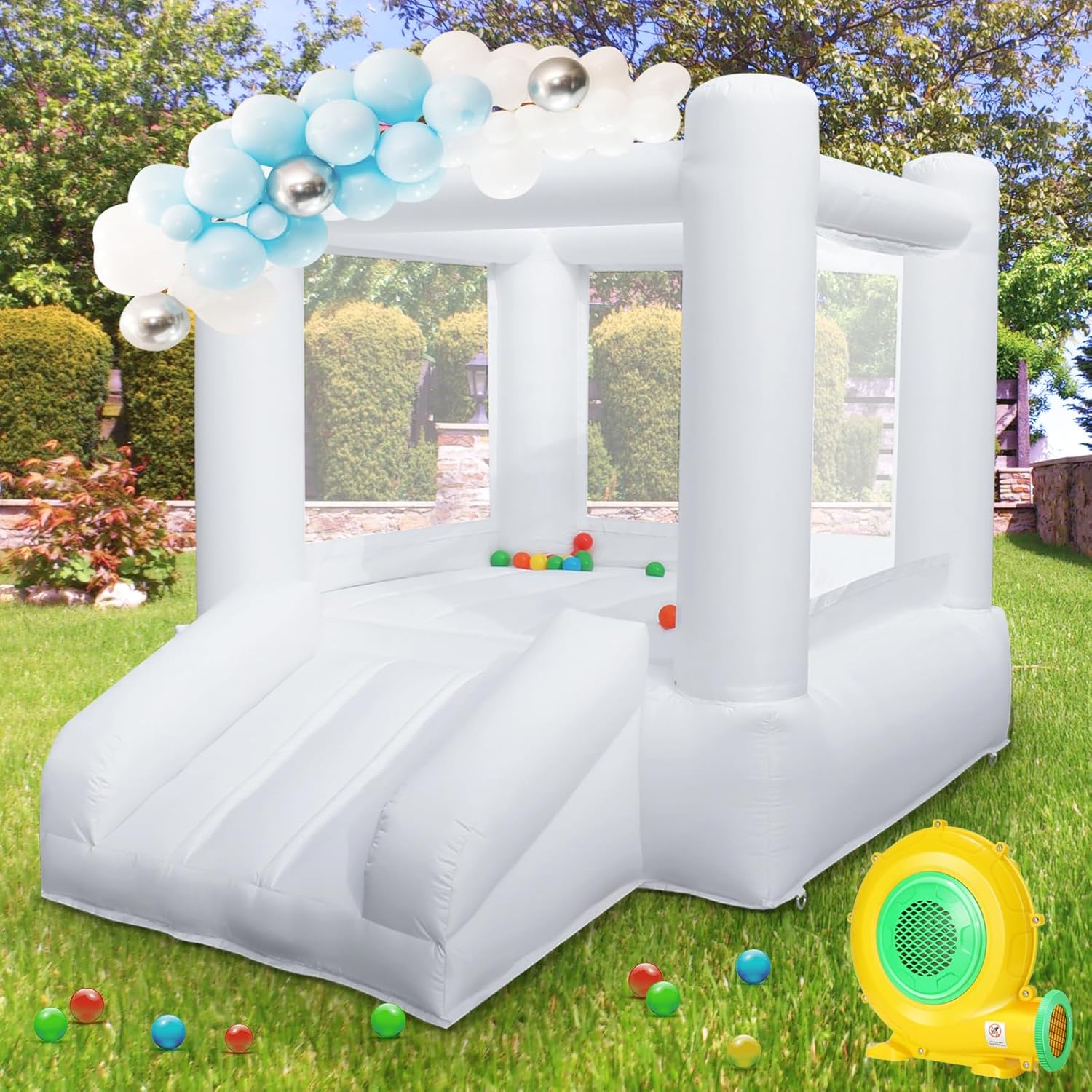 Small White Bounce House with Slide, Mini Indoor Bounce House Castle for Kids Aged 2-6, Outdoor Inflatable Jump House with UL Blower for Family Backyard Toddler Birthday Party