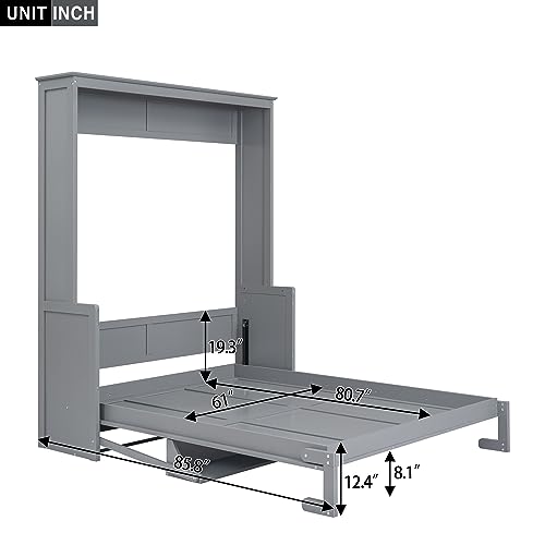 Murphy Bed Queen Bed Frame with Storage Shelves and LED Lights Folding Wall Bed with Wood Slats Queen Size Murphy Bed Cabinet Bed, Space Saving, White