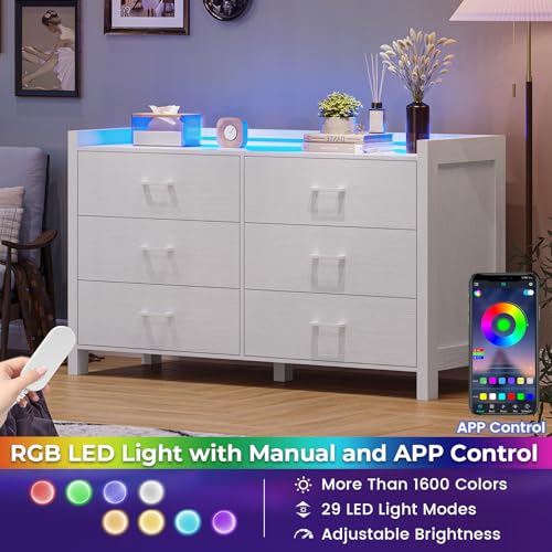 Dresser for Bedroom, 6 Drawer Double Dresser with LED Lights, Wood Chest of Drawers, Modern Storage Dresser for Bedroom, White (NSL02N)