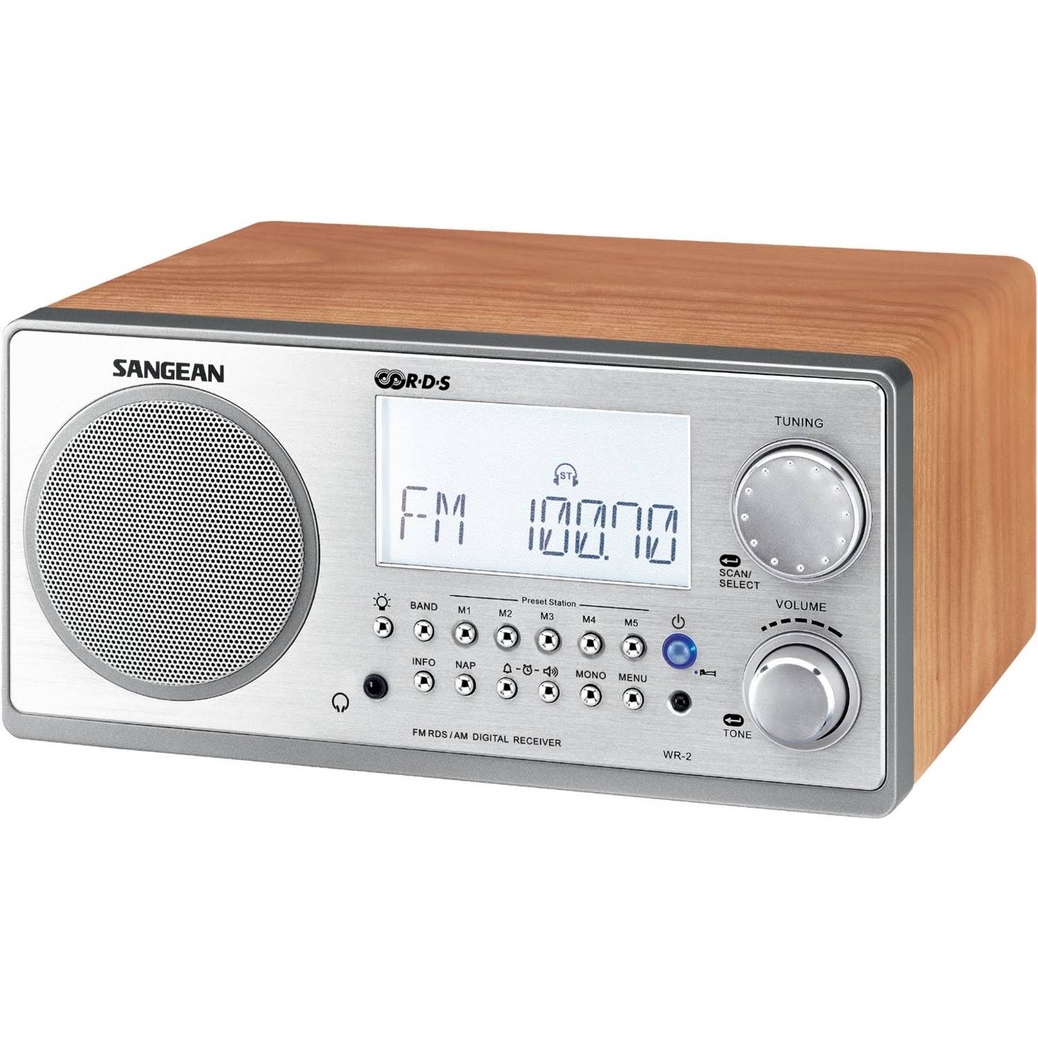 Sangean WR-2 FM/AM Wooden Cabinet Table Top Digital Tuning Receiver, Walnut