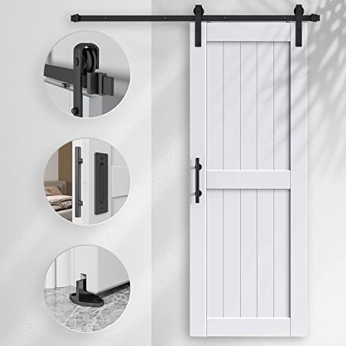 EaseLife 54 x 84 inch White Barn Door with 9FT Sliding Door Hardware Kit Included & Handle,Solid Wood Covered with Waterproof PVC Surface,DIY Assemblely,Easy Install,H-Frame,Fit 50-52in Wide Opening