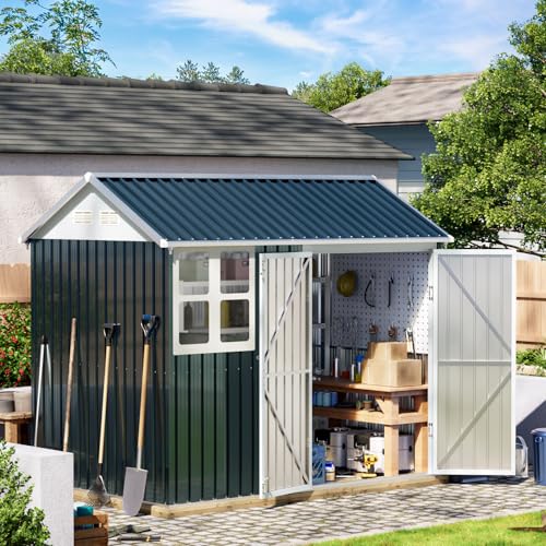 10X12X7.5 FT Outdoor Steel Storage Shed with Lockable Doors, 2 Windows, Transparent Roof Panels (Wood Panels & Frame Floor Not Included), Ideal for Patio Storage,Garbage Can, Chicken Coop，Brown
