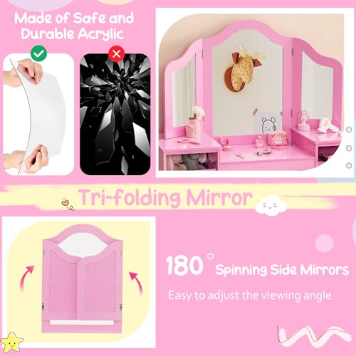 Costzon Kids Vanity, 2 in 1 Princess Makeup Desk Dressing Table with Detachable Top, Toddler Vanity with Tri-fold Mirror & Storage Shelves, Pretend Play Vanity for Little Girls, White
