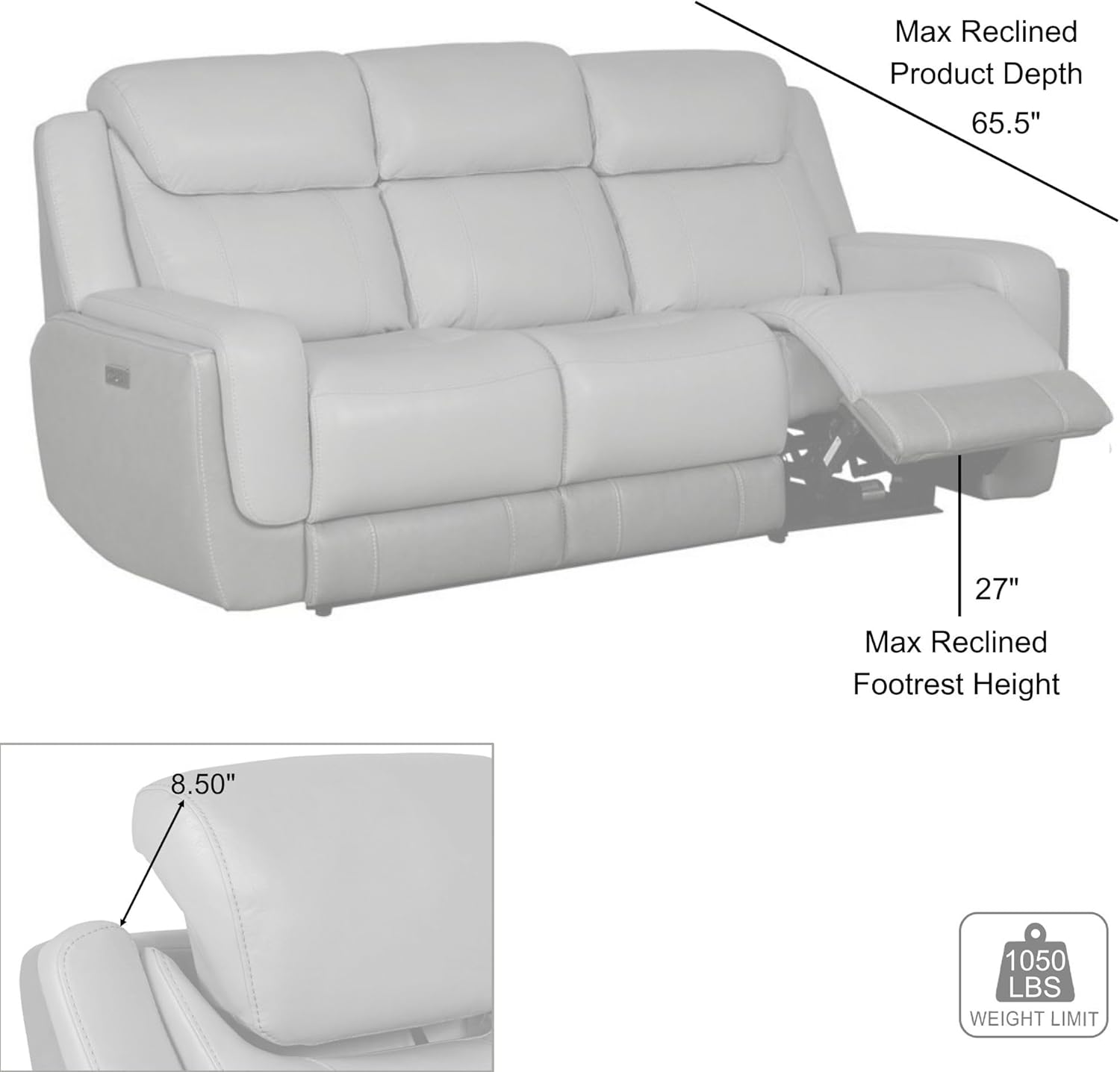Armen Living Rosalyn Modern Zero Gravity Power Reclining Sofa with Dropdown Console, 87" Wide, Silver and Gray Top Grain Leather