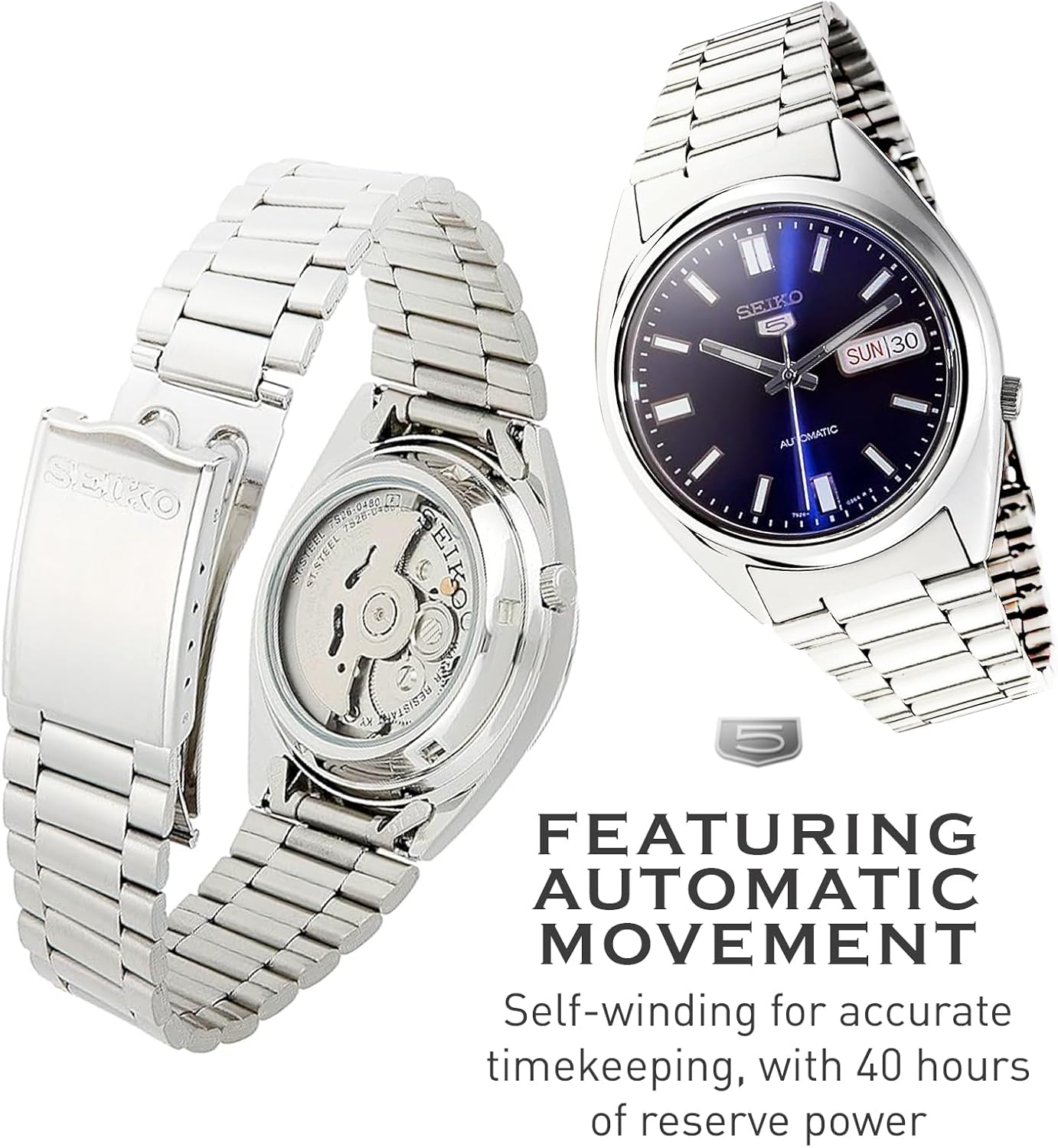 SEIKO SNXS77 Automatic Watch for Men 5-7S Collection - Striking Blue Dial with Luminous Hands, Day/Date Calendar, Stainless Steel Case & Bracelet
