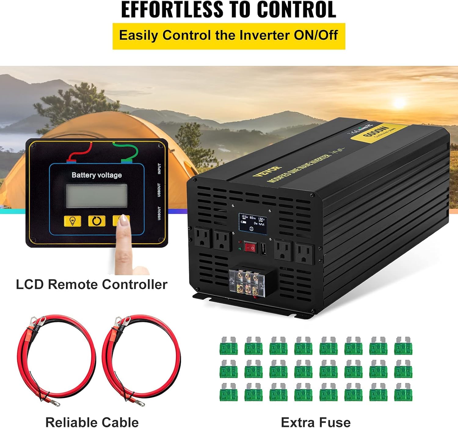 VEVOR Power Inverter, 6000W Modified Sine Wave Inverter, DC 12V to AC 120V Car Converter, with LCD Display, Remote Controller, LED Indicator, AC Outlets Inverter for Truck RV Car Boat Travel Camping