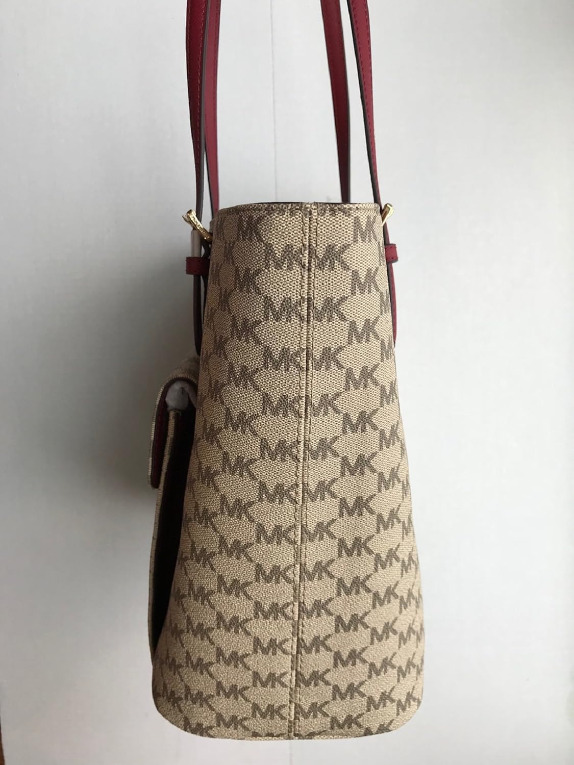 Michael Michael Kors Logo Jet Set Large Multi Function Pocket Front Leather Tote Bag Natural/Cherry
