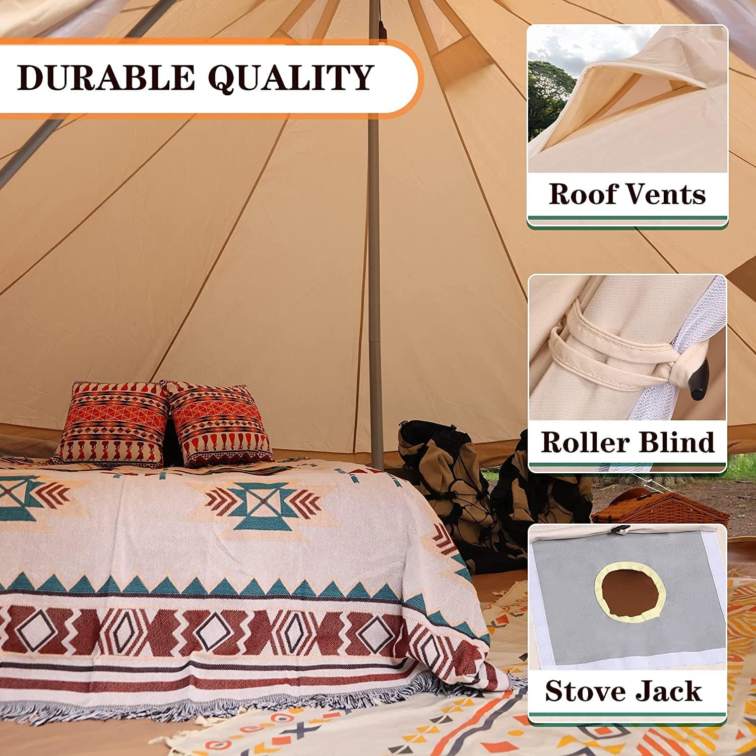 Canvas Bell Tent Yurt with Stove Jack, 4 Season Waterproof Camping Tent 4/6 Person Luxury Outdoor Glamping Tent for Camping, Cotton Tent Bell for Winter Camping, Hunting Party