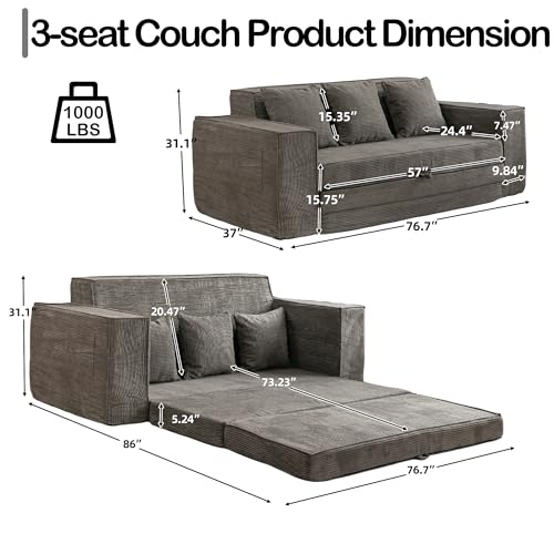 HOMREST 76" Convertible Memory Foam 3-seat Sofa, Pull Out Sleeper Sofa Bed, 2 in 1 Folding Couch Bed, Fold Out Floor Couch Corduroy Fabric with 3 Pillows for Living Room Bedroom Lounge (Grey)
