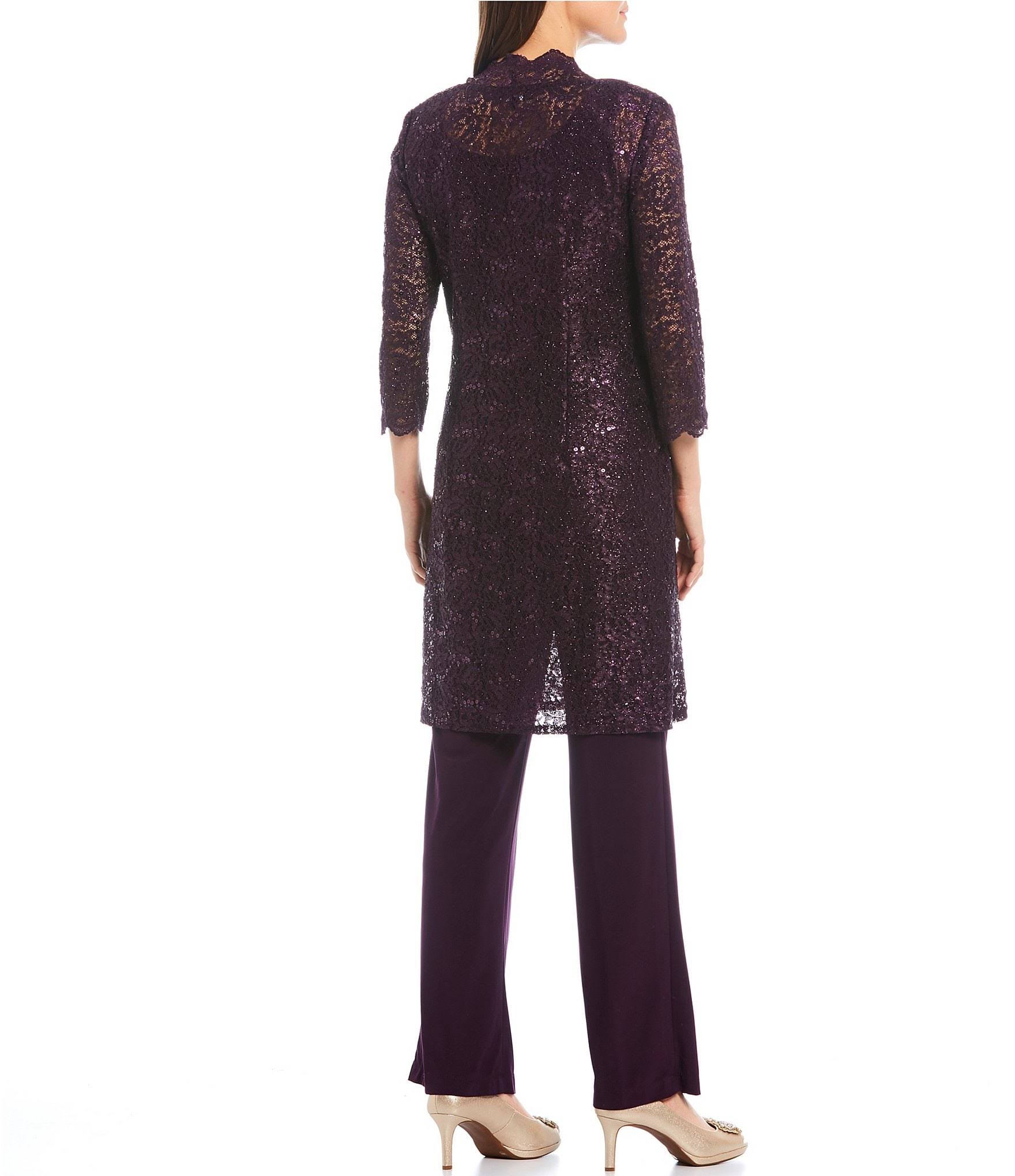 R M Richards 3-Piece Sequin Glitter Scallop Lace Duster Pant Set - 14