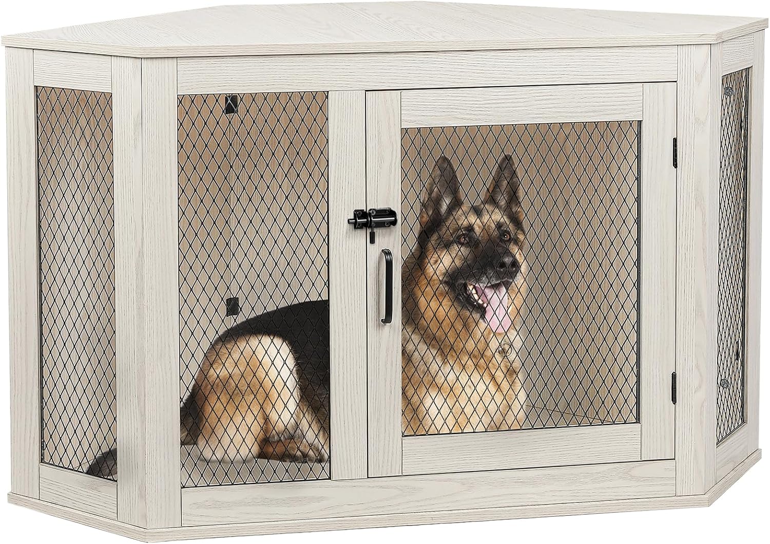 PUKAMI Corner Dog Crate Furniture,44/58inch Wooden Dog Kennel Furniture with Mesh,Decorative Wood Dog House for Indoor use,Dog Crate for Small/Medium/Large Dog,Perfect for Limited Room