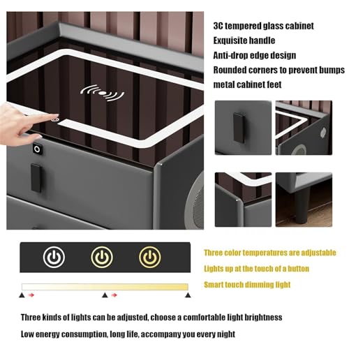 Nightstand with Wireless Charging Station, LED Night Stand with 2/3 Drawers for Bedroom Furniture, End Side Table with Fingerprint Lock and Speaker(White 2)