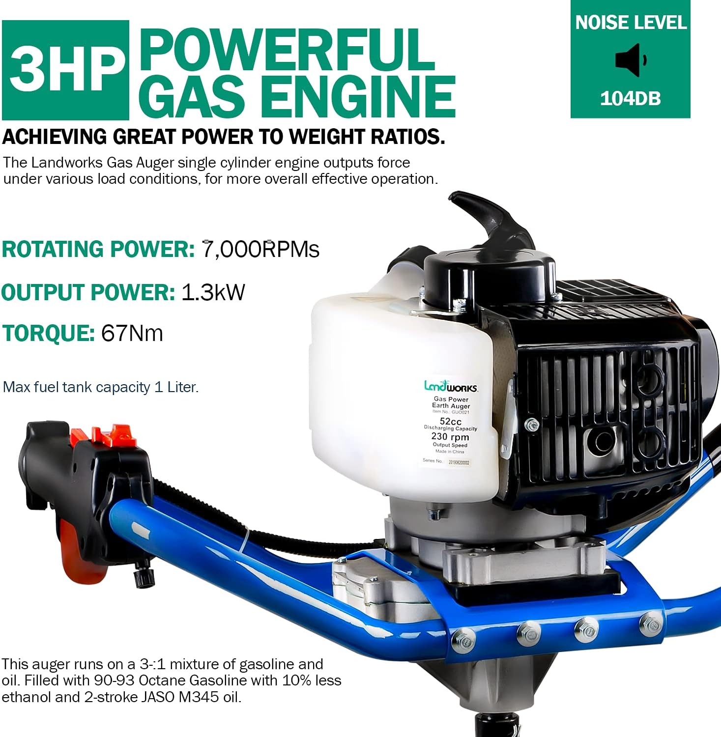 Landworks Earth Auger Power Head Heavy Duty 3HP 52cc 2 Stroke Gas Engine w/Steel 8"x24" Bit w/Fishtail One Man Post Hole Digger for Planting, Earth Burrowing/Drilling & Fences